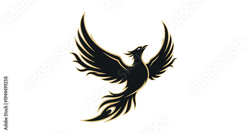 Majestic black and gold phoenix illustration flying with outstretched wings, symbolizing power, rebirth, and mythology.