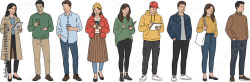 Diverse group of young people standing in line holding gadgets books and coffee in flat line art vector style for modern web design UI and social media content