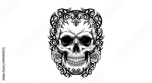 Detailed Ornate Skull Illustration with Floral and Baroque Swirls. Monochrome Human Skeleton Head Graphic, Tattoo Style.