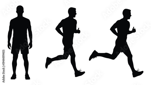 A dynamic illustration of a male runner in various stages of motion, showcasing the progression from standing still to full stride in a series of three black silhouettes against a white background.
