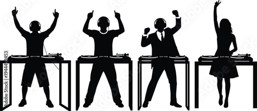 DJ music party silhouettes with turntables, disc jockey performers mixing tracks, nightclub dance event vector illustration, electronic music entertainment isolated on white background
