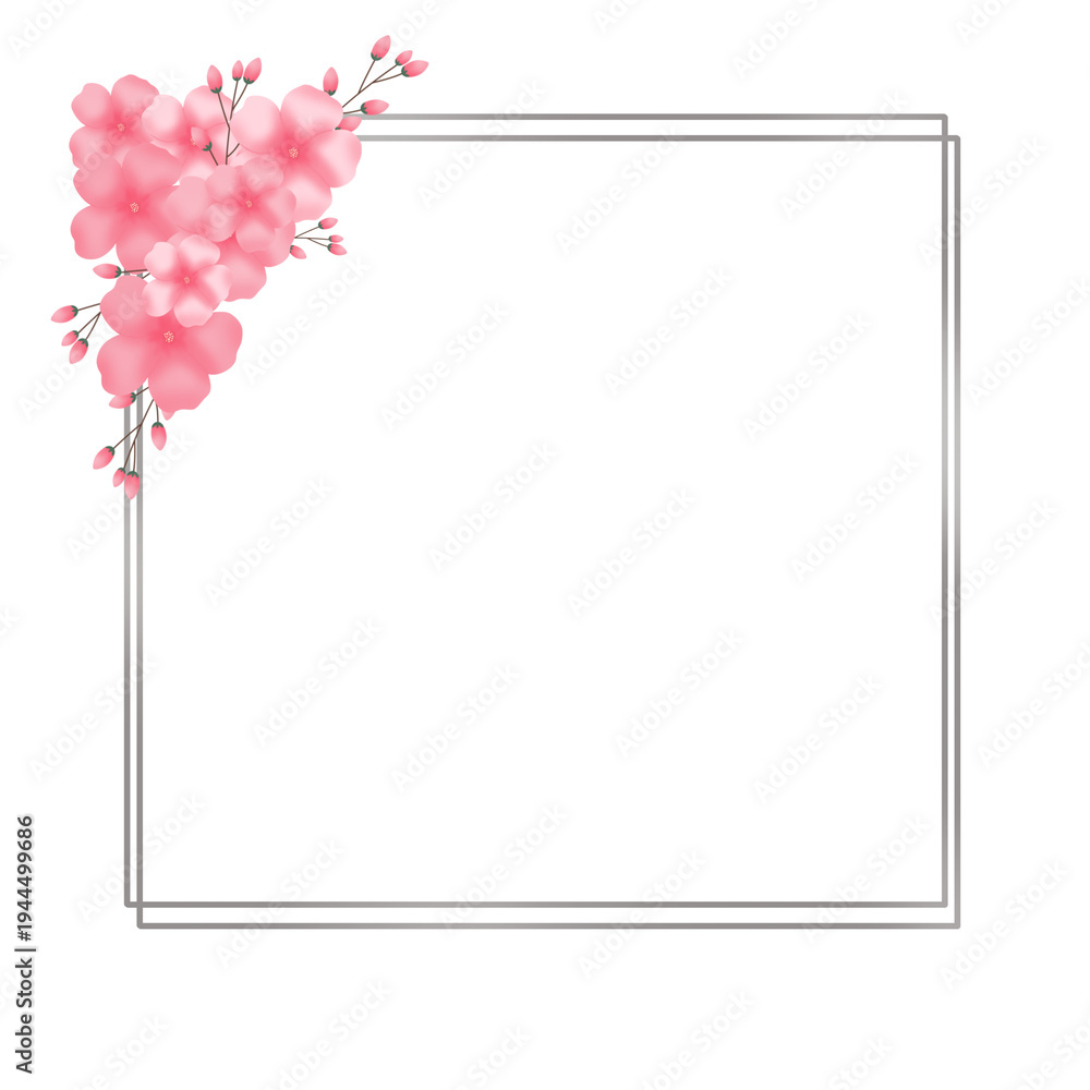 Fototapeta premium Elegant double square silver frame with rich sakura cherry blossom decorations. Ideal transparent PNG frame for wedding invitations, posters, and feminine branding designs.