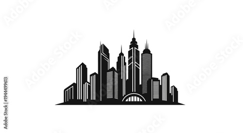 Modern city skyline illustration with tall buildings and skyscrapers. Urban architecture vector graphic design in black and white.