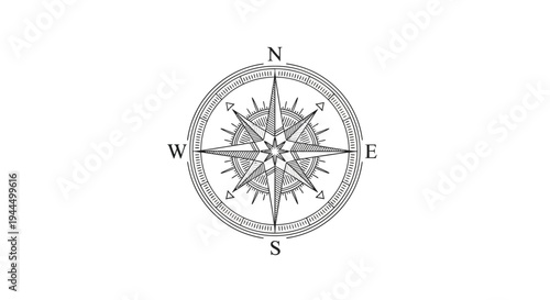 Classic compass rose illustration for navigation, travel, and adventure. Detailed graphic symbol showing cardinal directions N, S, E, W.