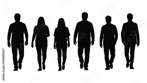 A group of six people walking in a line, silhouetted against a white background, conveying a sense of unity and togetherness, with each individual distinct yet part of a cohesive whole.