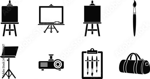 Artist tools and painting equipment silhouette icon set including easel canvas paintbrush palette stand projector clipboard brushes and art supply bag isolated illustration