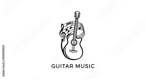Monochrome illustration of an acoustic guitar with flowing musical notes, symbolizing melody, harmony, and musical passion.