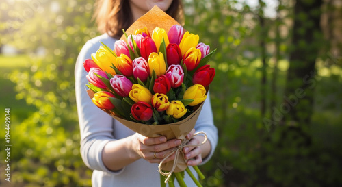 Woman holding a colorful bouquet of tulips in a sunny park  
