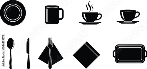 Black silhouette icons of dining and kitchen utensils including plate, mug, steaming cup, spoon, knife, fork, napkin, and serving tray for restaurant graphics