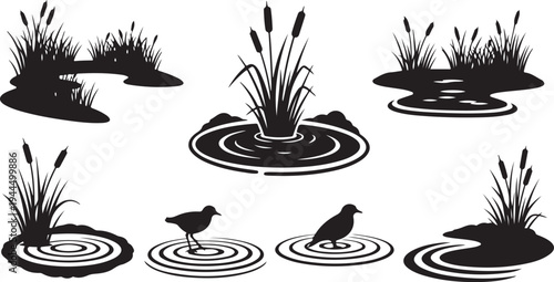 Black Silhouette of Cattails and Birds in Water Scene