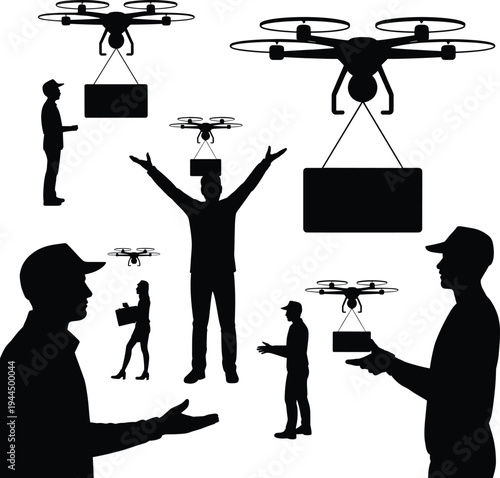Drone delivery service silhouette collection with quadcopter carrying package, courier workers, aerial logistics transport concept, autonomous shipping technology vector illustration isolated