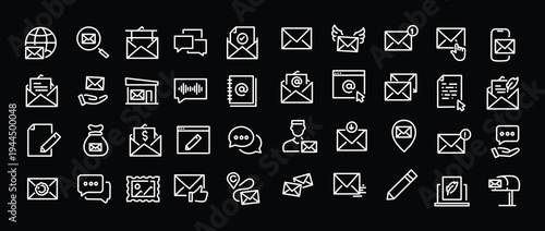 Mailing web icons in line style. Email, text, post office, mail, mailbox, collection. Vector illustration.