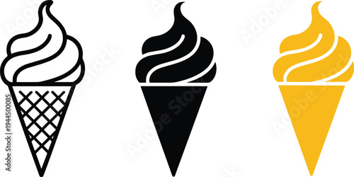 ice, cream, cone, icon, set, dessert, sweet, food, vector, illustration, waffle, scoop, frozen, summer, treat, symbol, logo, black, outline, design