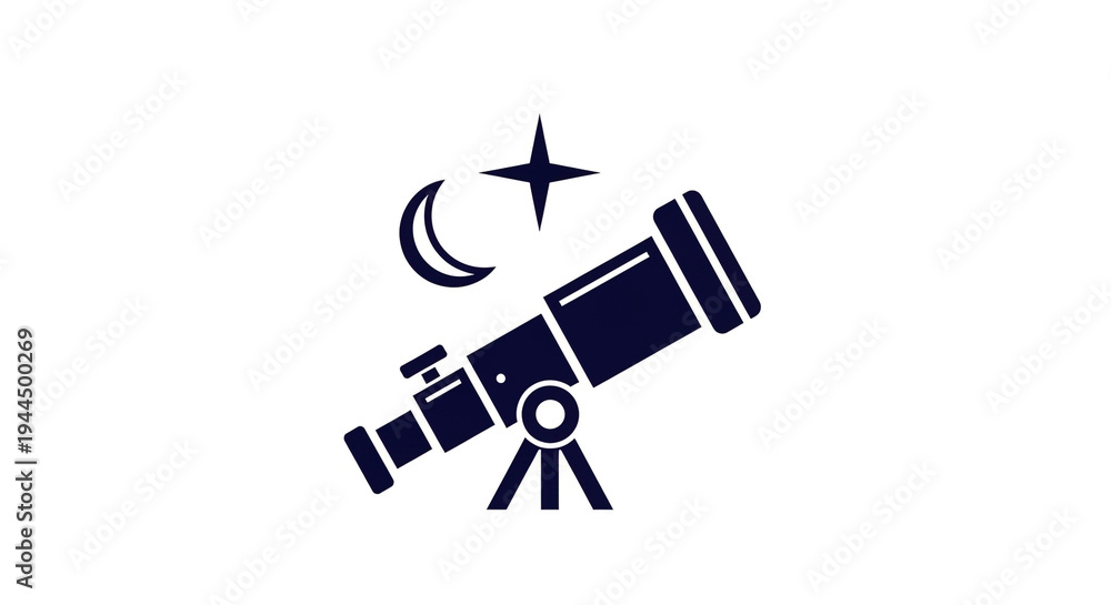 Fototapeta premium Minimalist astronomy logo with telescope crescent moon and star on white background symbolizing exploration and discovery