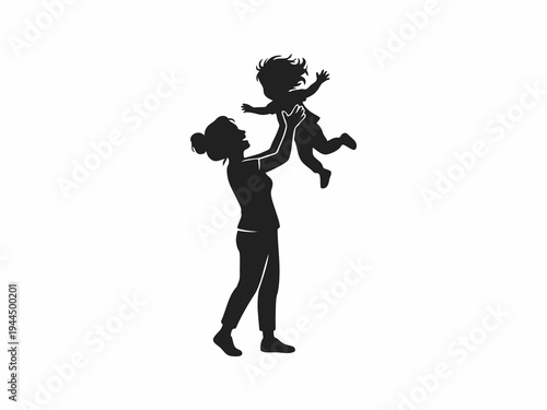 Silhouette of Happy Mother Lifting and Playing with Her Little Toddler Child Isolated on White Background