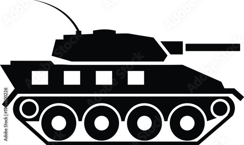 Black silhouette illustration of military tank with long barrel, turret, antenna, and track system symbolizing defense, warfare, armored vehicle, and historical themes