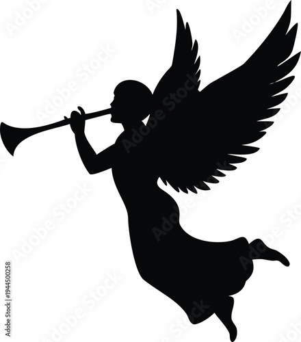 Angel Silhouette Blowing Trumpet with Wings in Flight