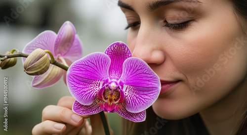 Young woman smelling pink orchid flower in natural setting  