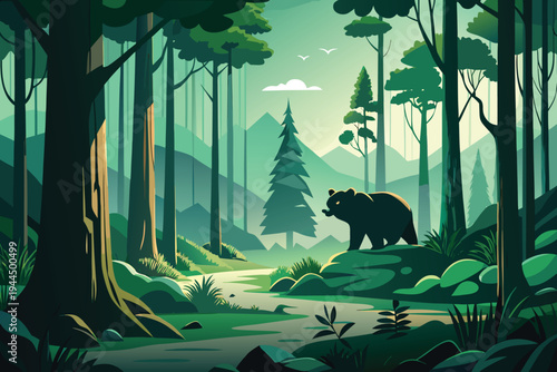 Bear Walking in Lush Green Forest Path with Sunlight Rays Stock Illustration