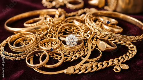 Pile of Gold Jewelry With Diamond Engagement Ring and Mixed Gold Chains on Velvet Cloth