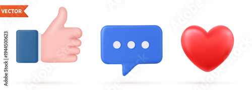 3d social media icon set thumbs, comment and love isolated on white background. Social media Creative concept idea. Vector illustration.