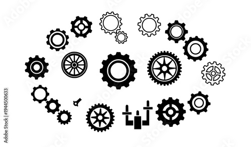 Gear settings vector icon set with cog wheel and mechanical adjustment symbols isolated on transparent background