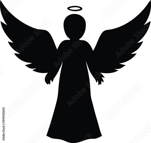 Black Angel Silhouette with Halo and Wings Spread Wide