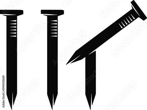 Black silhouette illustration of three nails with one bent diagonally symbolizing construction, precision, error, mechanical work, and tool usage themes