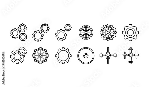 Minimalist gear icon collection with cog wheel and mechanical settings symbols isolated on transparent background