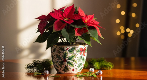 Poinsettia plant with red leaves in decorative pot on wooden table  