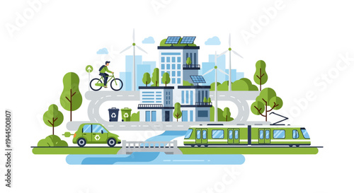 Green City Landscape with Sustainable Transport and Renewable Energy. Eco-Friendly Urban Environment Flat Design Illustration.