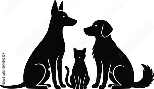 Dog and cat pet family silhouette, domestic animals sitting together vector illustration for veterinary, pet care, shelter logo design