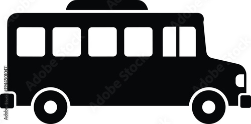 Black silhouette passenger bus icon isolated on white background, public transportation vehicle symbol, simple flat design for transit, travel, shuttle, and mobility concept