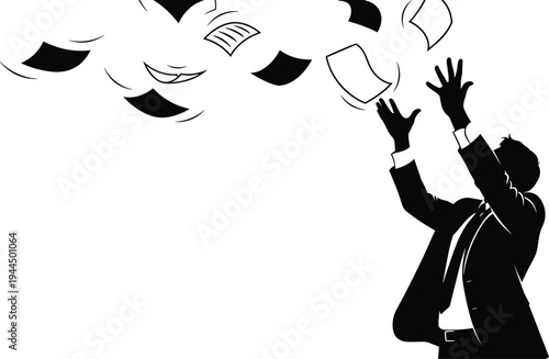Businessman throwing papers in air silhouette representing stress, workload, office frustration, deadline pressure, chaotic paperwork, and corporate burnout concept isolated on light background