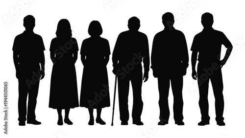 Diverse group of people silhouettes standing together in a line on white background representing unity and diversity