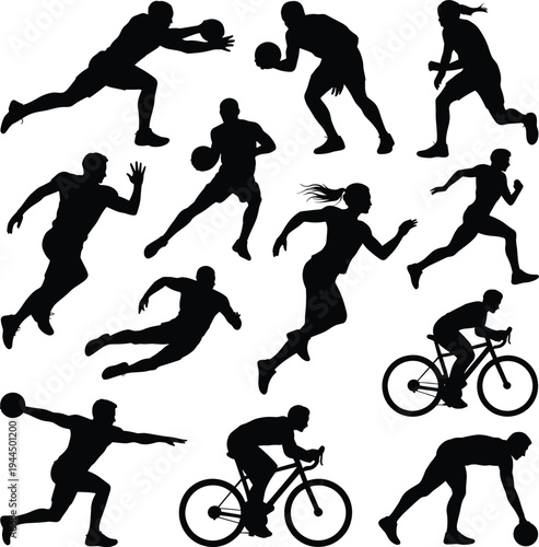Sports activity silhouette set with basketball players, running athletes and cycling riders, dynamic fitness action poses collection vector illustration isolated on white background
