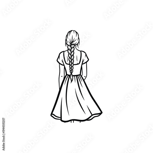 Back View Girl with Long Braid Hairstyle Minimal Female Portrait Line Art Vector illustration.