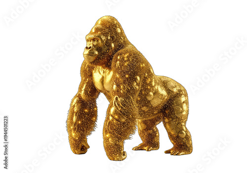 Golden gorilla figurine standing majestically isolated on transparent background
