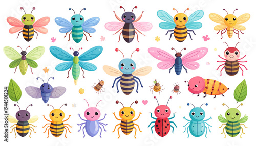A vibrant collection of diverse cartoon insects and bugs in various colors and styles isolated on transparent background