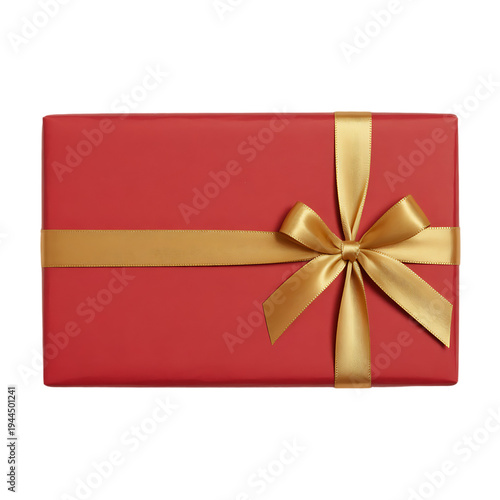 A festive red gift box with a golden ribbon and bow isolated on transparent background