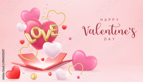 3d open present box with confetti and heart shape balloons around. Suitable for Valentine's Day and Mother's Day. 3d rendering. Vector illustration