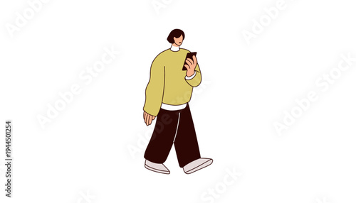 A person walking and using a smartphone in a casual outfit