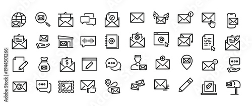 Mailing web icons in line style. Email, text, post office, mail, mailbox, collection. Vector illustration.