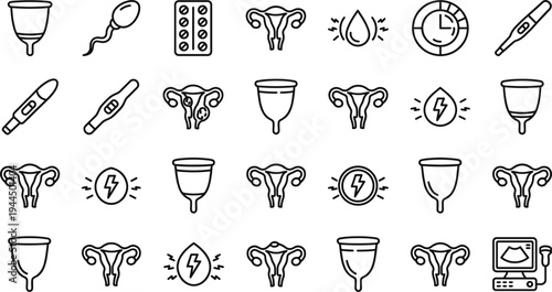 Female reproductive health and menstrual cycle line icon set with uterus ovulation pregnancy test menstrual cup fertility symbols vector