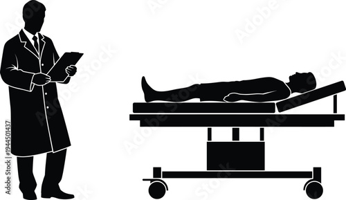 Doctor examining patient on hospital bed silhouette illustrating medical checkup, healthcare treatment, clinical examination and hospital care concept isolated on background