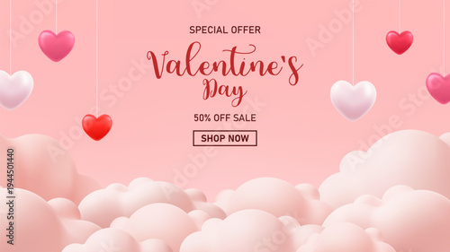 3d Valentines day sale poster with red and pink hearts background. Pink Banner Party Invitation Template. Vector illustration