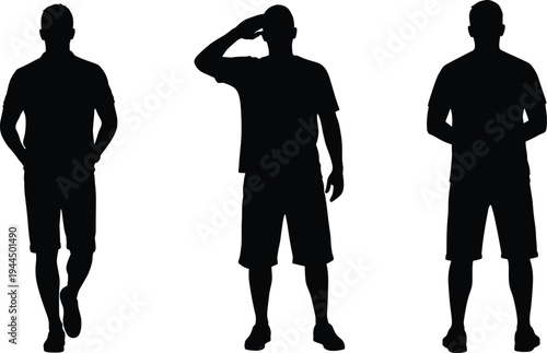 Male standing silhouette set showing man walking, saluting and relaxed poses isolated on background representing casual people posture, body language and human figure collection