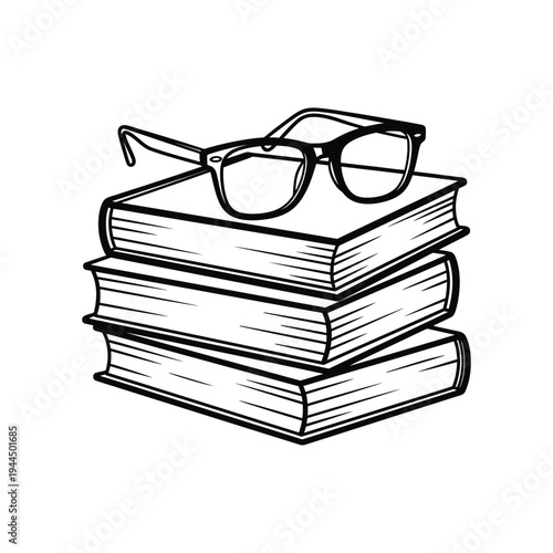 Stacked Books with Reading Glasses Education Knowledge Concept Line Art Vector illustration.