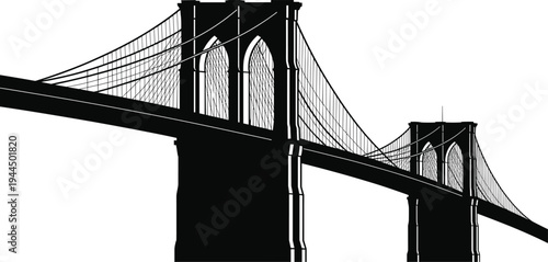 Brooklyn Bridge silhouette vector illustration, black New York City landmark icon, suspension bridge architecture for travel, urban skyline, NYC tourism, and engineering.