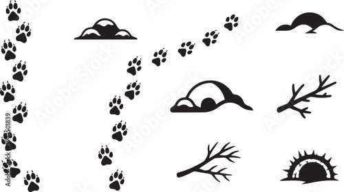 Black silhouettes of moles and paw prints on white
